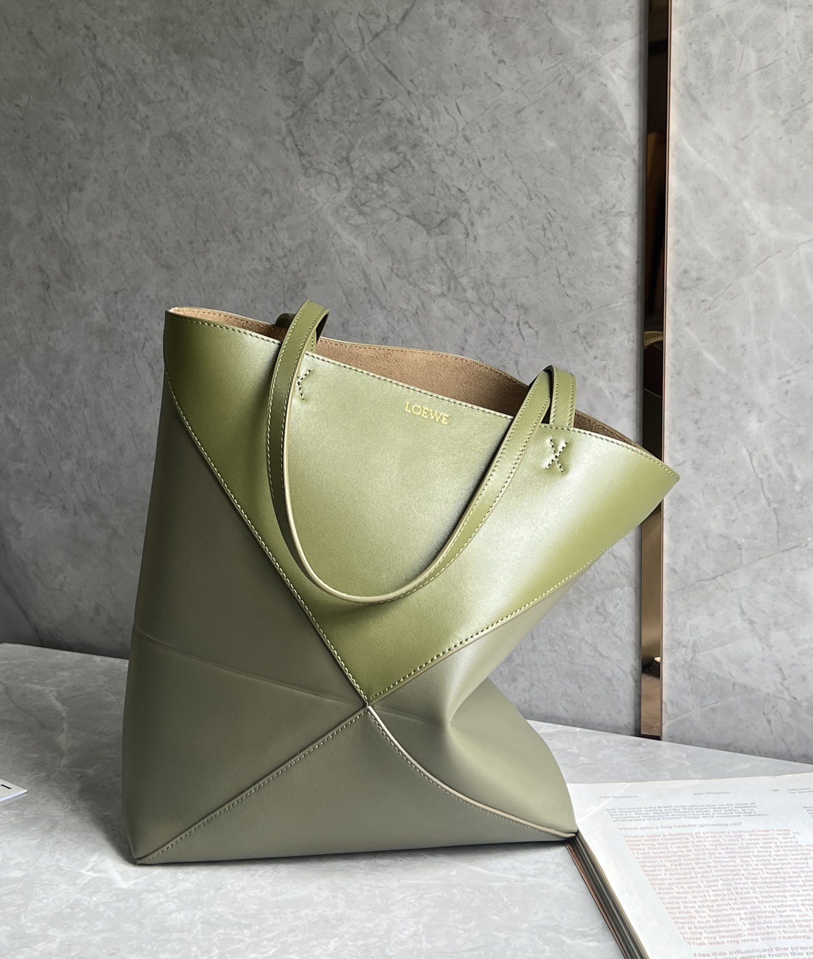 Loewe Medium Puzzle Fold Tote in Shiny Calfskin Light Green